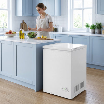 White chest freezer beside a kitchen island while a woman prepares a salad