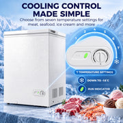 Infographic of the white chest freezer's 7 temperature settings, cooling down to -18°C