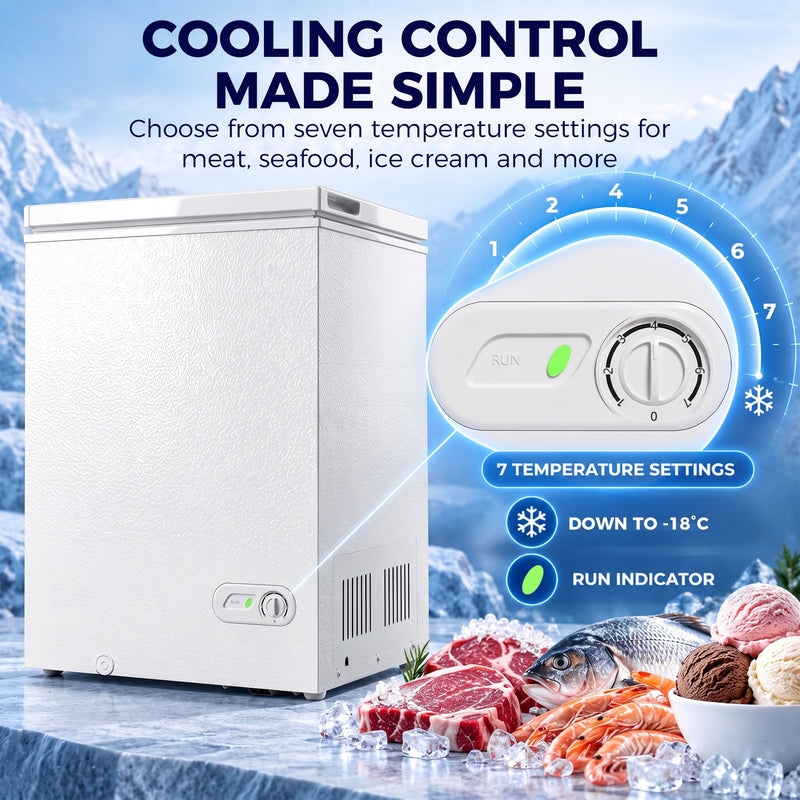Infographic of the white chest freezer's 7 temperature settings, cooling down to -18°C