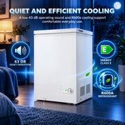 Infographic of the white chest freezer showing 43 dB quiet running, energy class E and R600a refrigerant
