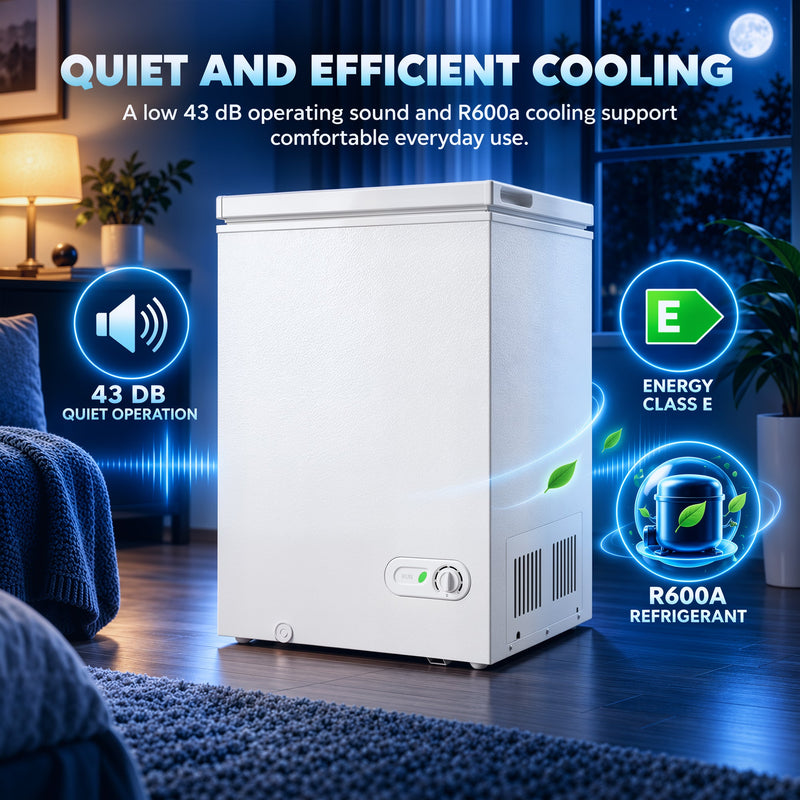 Infographic of the white chest freezer showing 43 dB quiet running, energy class E and R600a refrigerant