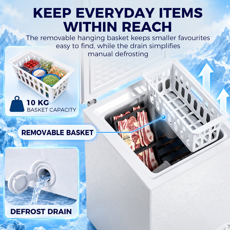 Open white chest freezer showing the removable basket with a 10 kg capacity and the defrost drain