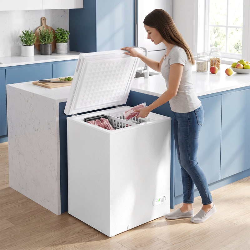 Woman loading food into the open white chest freezer in a kitchen