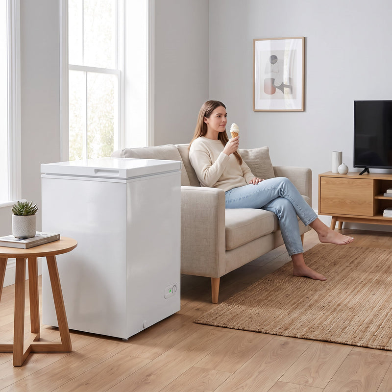 White chest freezer in a living room while a woman eats ice cream on the sofa