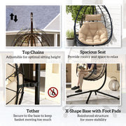Hanging Egg Chair with Stand Thick Cushion and Headrest for Garden Patio Balcony Khaki by Outsunny