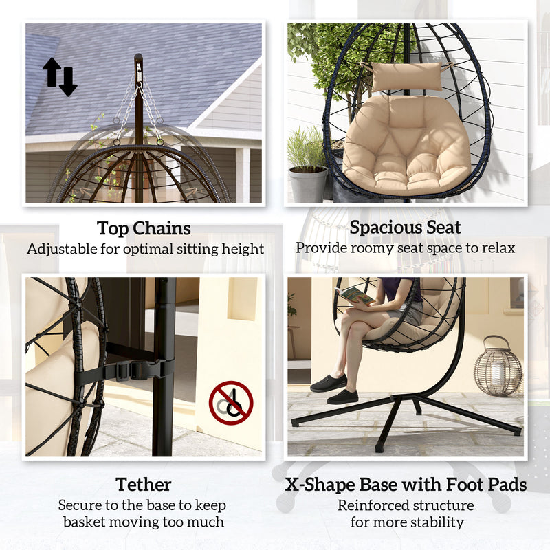 Hanging Egg Chair with Stand Thick Cushion and Headrest for Garden Patio Balcony Khaki by Outsunny