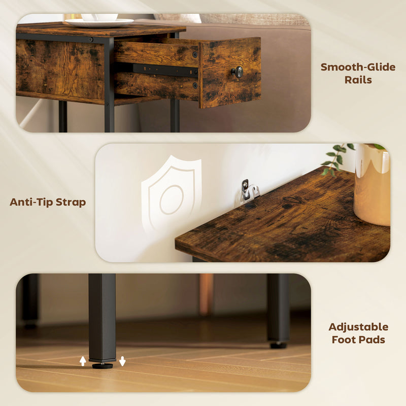Slim Side Table with Drawer and Storage Shelf Ideal for Small Spaces, Rustic Brown