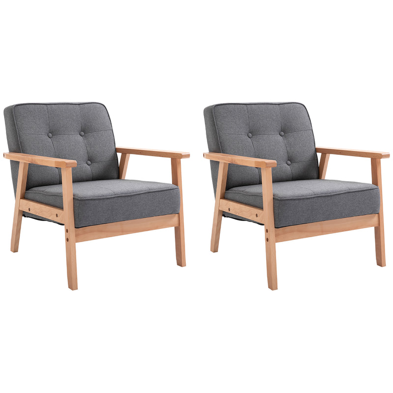 Set of 2 Linen Fabric Armchairs with Beech Wood Frame for Living Room or Bedroom Grey Natural