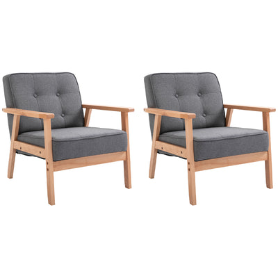 Set of 2 Linen Fabric Armchairs with Beech Wood Frame for Living Room or Bedroom Grey Natural