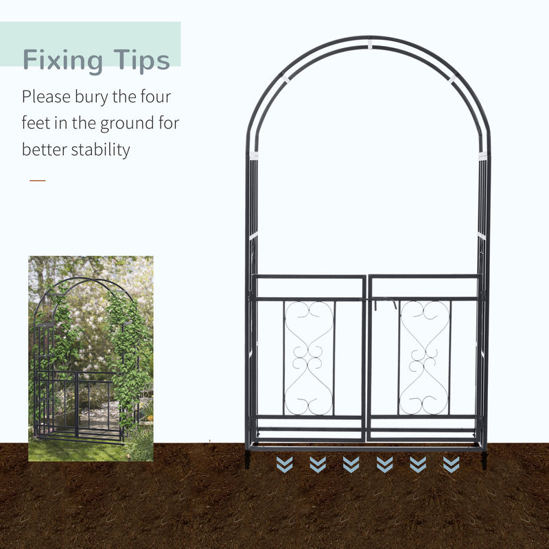 Dark Grey Metal Garden Arch with Double Gates for Climbing Plants and Vines
