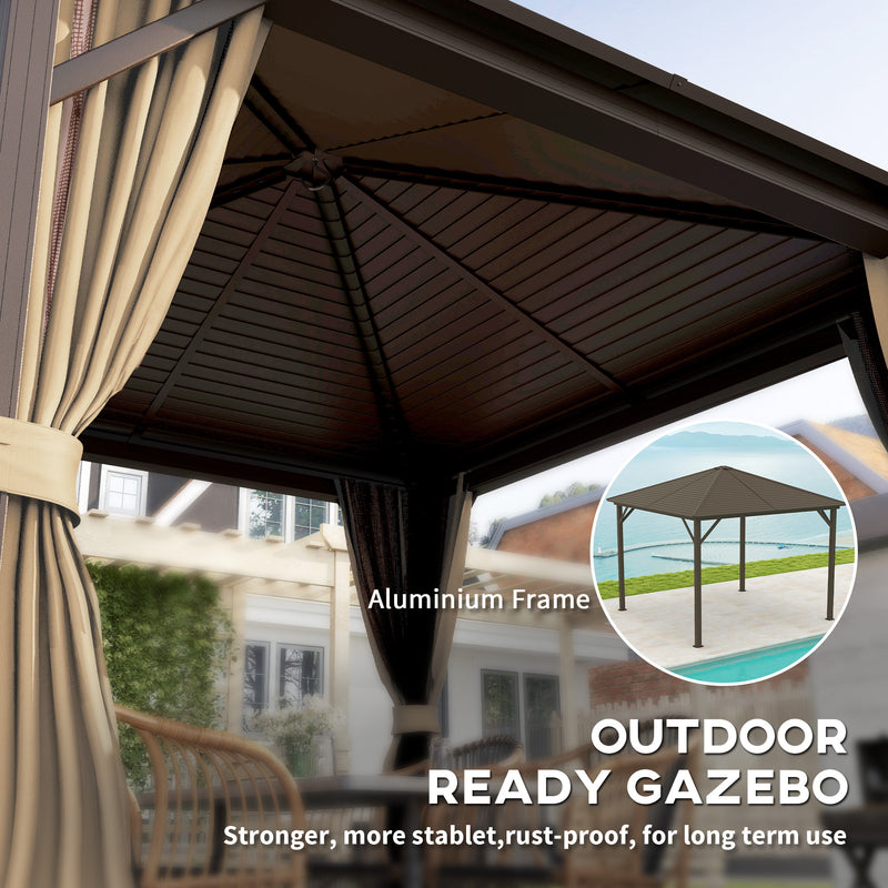 Brown 3m x 3m Metal Hardtop Gazebo with Curtains and Accessories by Outsunny