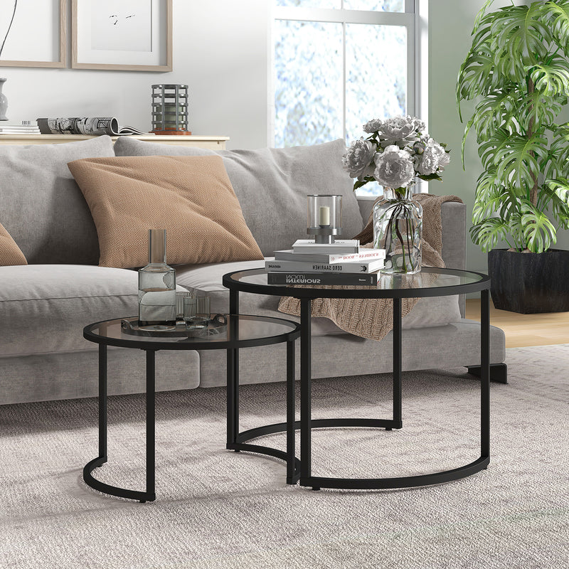 Modern Glass Nesting Coffee Tables Set of 2 Space Saving Living Room Design Black