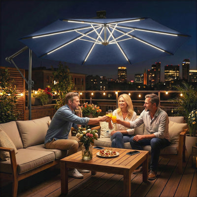 Cantilever Parasol with Lights and Adjustable Shade, Cover Included, Navy Blue Outsunny