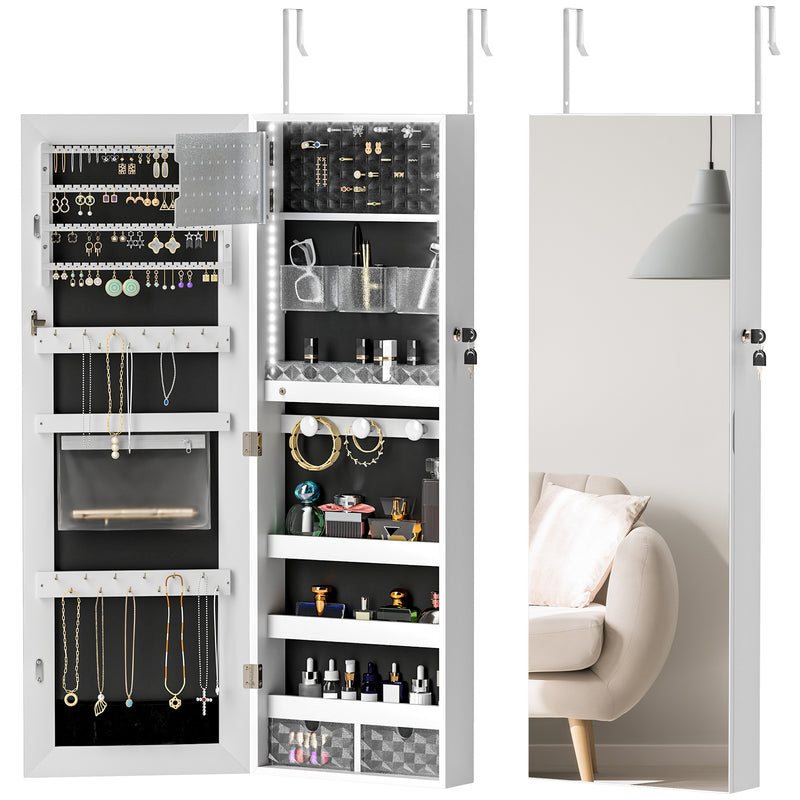 White Lockable Jewellery Cabinet with LED Lights and Black Lining 108 x 37cm by HOMCOM