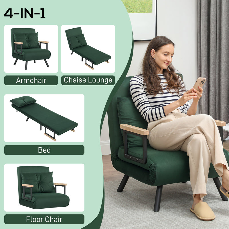 4 in 1 Velvet Feel Single Chair Bed with Pillow Converts to Lounger or Sleeper, Green
