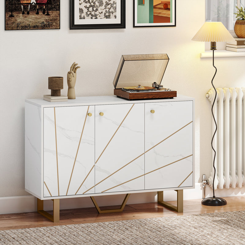Modern Sideboard Storage Cabinet with Adjustable Shelves for Home Organisation, White Marble Tone
