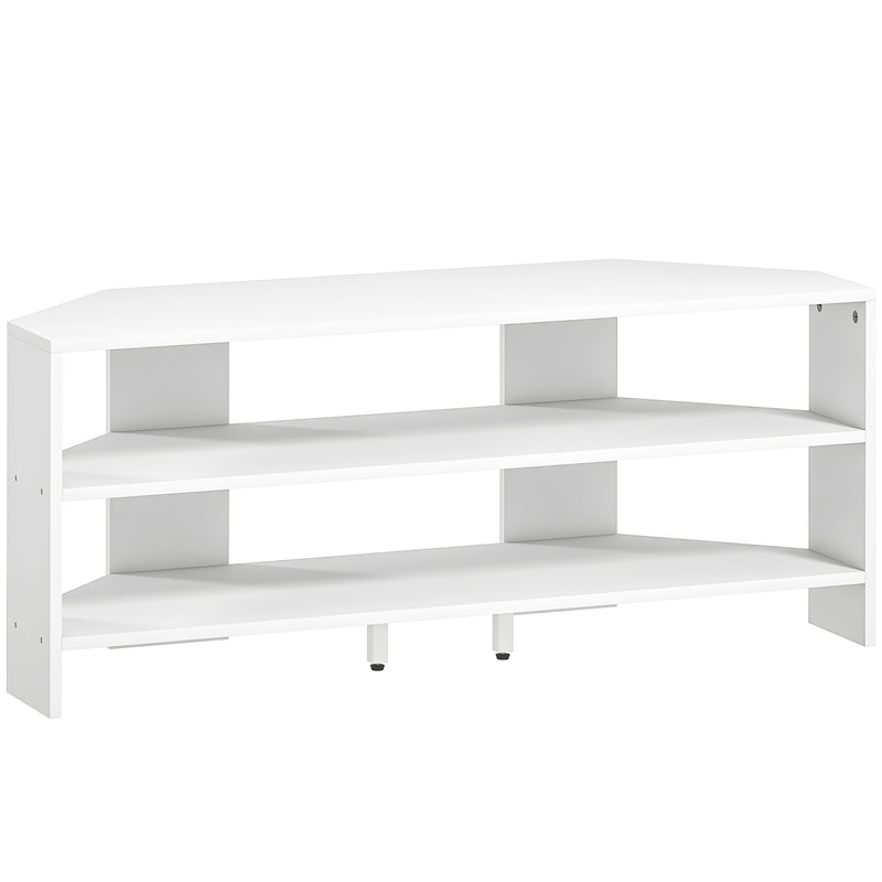 White Corner TV Stand for 47 Inch TV with 2 Open Shelves Ideal for Small Spaces