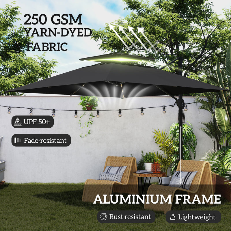 Black 3.5x3 m Square Cantilever Parasol with Solar LED Lights and UPF50+ Shade by Outsunny