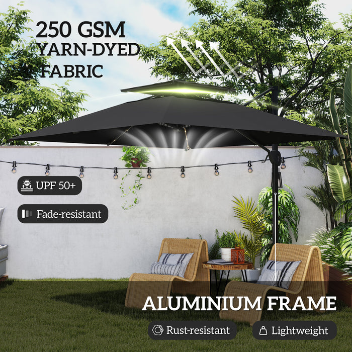 Black 3.5x3 m Square Cantilever Parasol with Solar LED Lights and UPF50+ Shade by Outsunny
