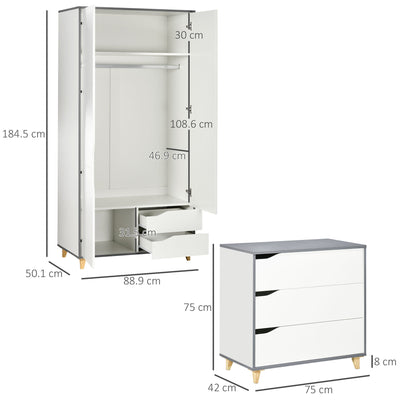 3 Piece Bedroom Furniture Set with Wardrobe and Chest of Drawers for Storage Grey and White AOSOM