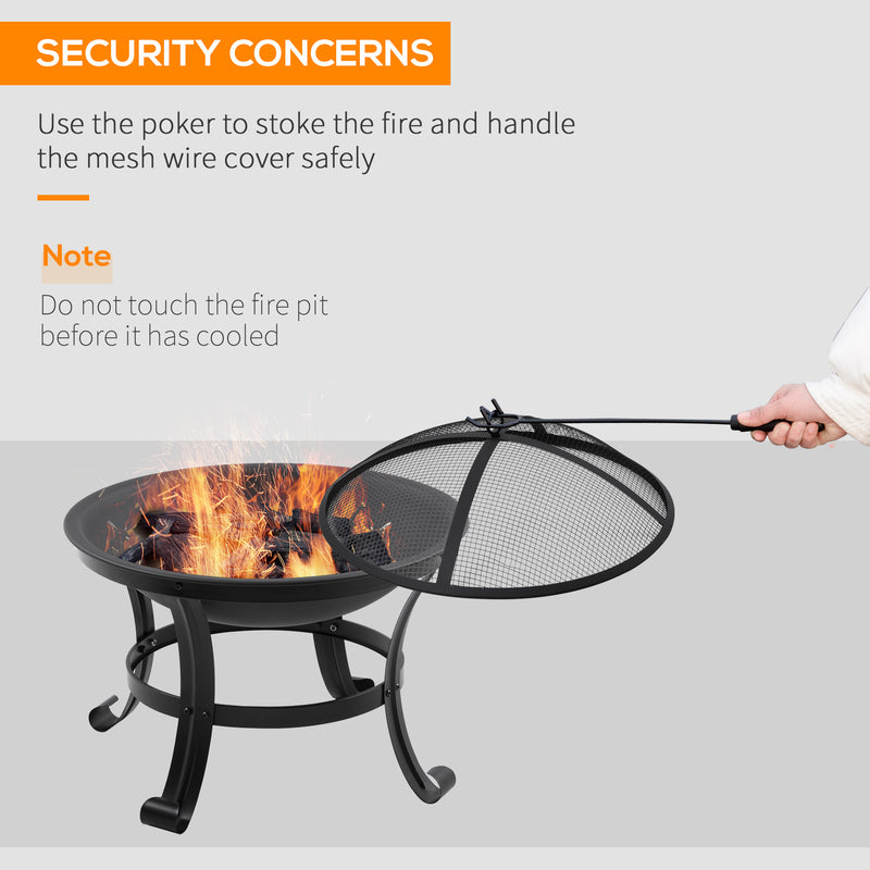 Outsunny Outdoor Fire Pit, Firepit with Mesh Lid, Poker, for Camping, Bonfire, Picnic, Black AOSOM
