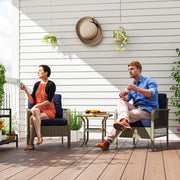 Charcoal Grey 3 Piece Rattan Bistro Set with Blue Cushions and Glass Table for Garden by Outsunny