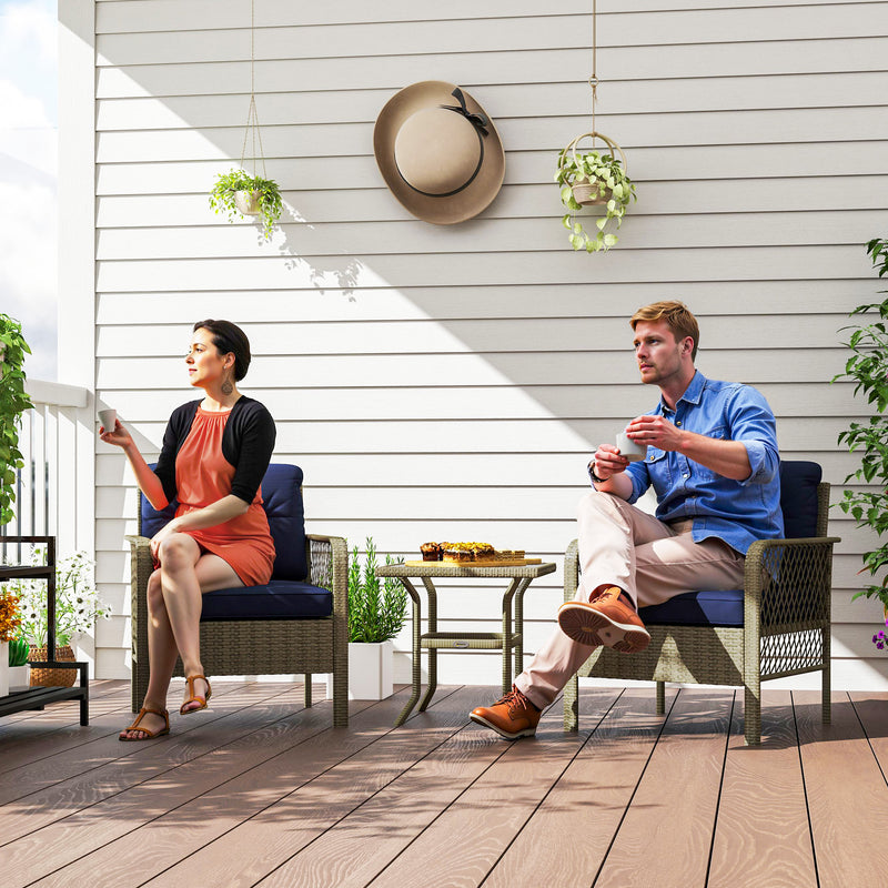 Charcoal Grey 3 Piece Rattan Bistro Set with Blue Cushions and Glass Table for Garden by Outsunny
