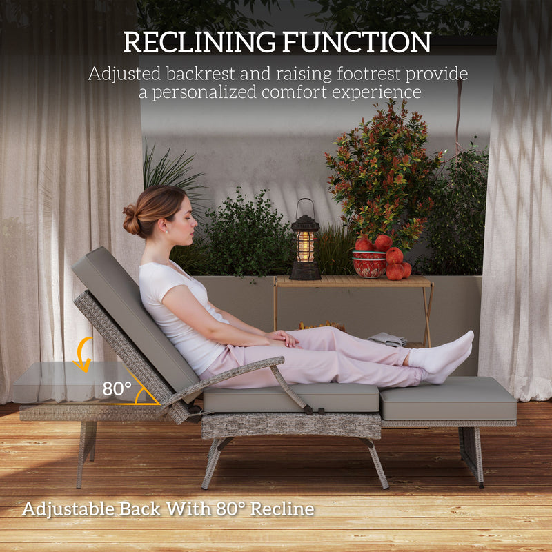 Grey Wicker Reclining Sun Lounger With Cushion for Garden, Pool, and Patio by Outsunny
