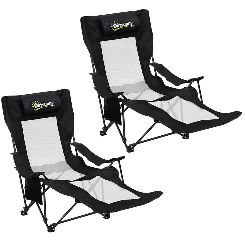 Set of 2 Reclining Camping Chairs with Adjustable Backrest and Cup Holder Black