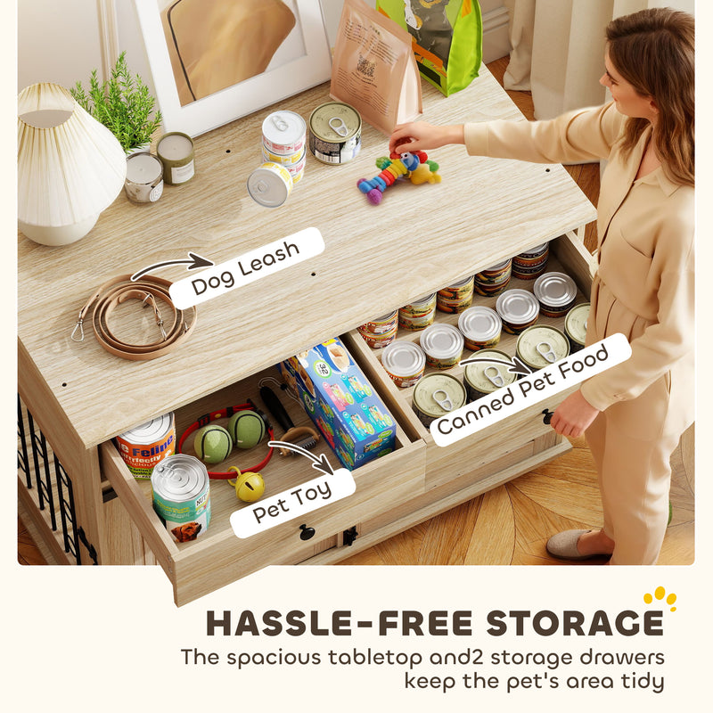 Dog Crate Furniture With Sliding Door and Storage Drawers on Wheels for Medium Large Dogs Oak