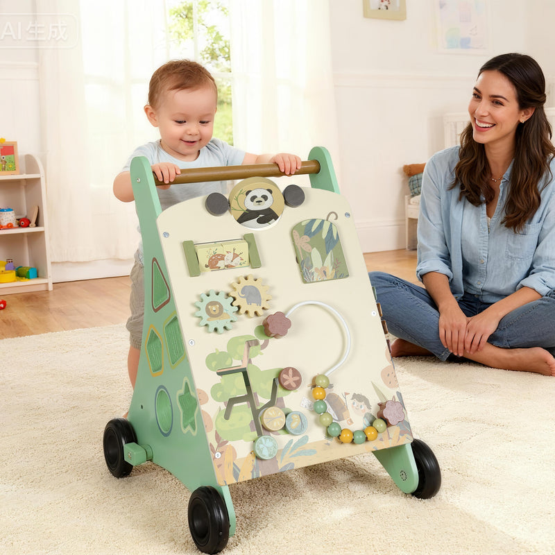 Wooden Baby Push Walker With Xylophone Bead Maze And Speed Control Toy Green AOSOM