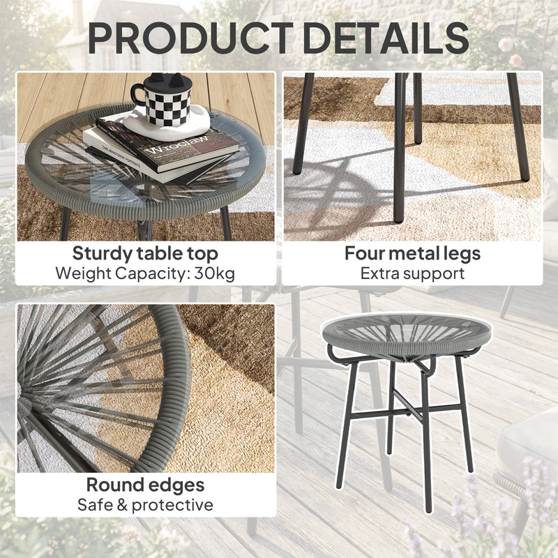 Outdoor Rattan Side Table with Glass Top for Drinks and Snacks Black Outsunny