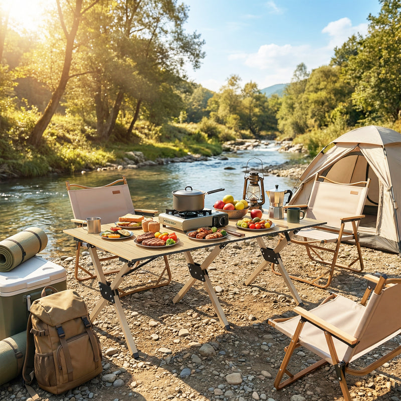 Folding Camping Table with Roll Up Top for Stable Outdoor Meals Dark Brown