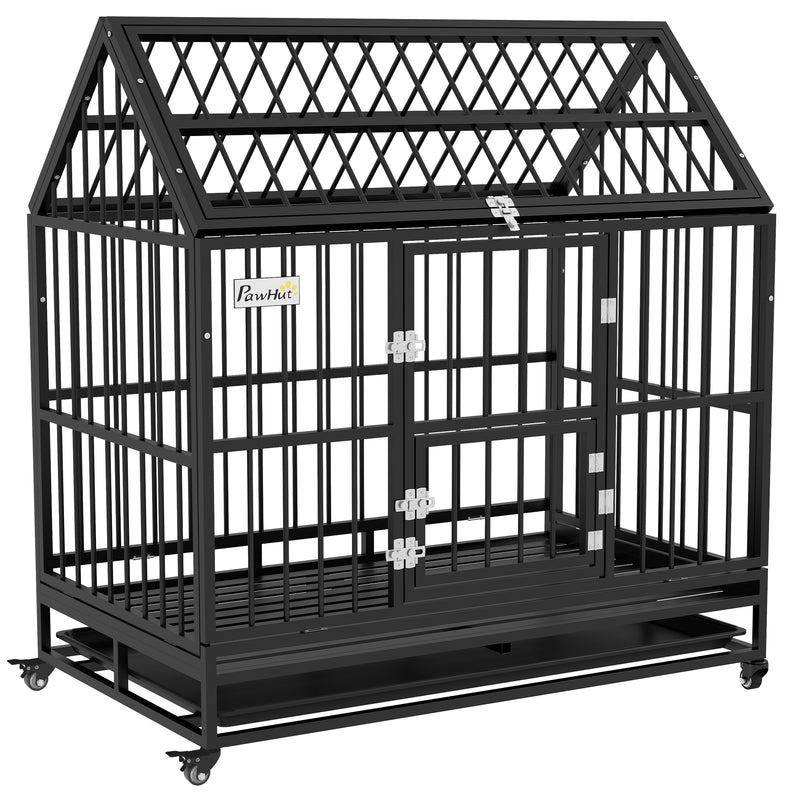 Heavy Duty Dog Crate with Wheels and Removable Tray for Large Dogs Open Top Black