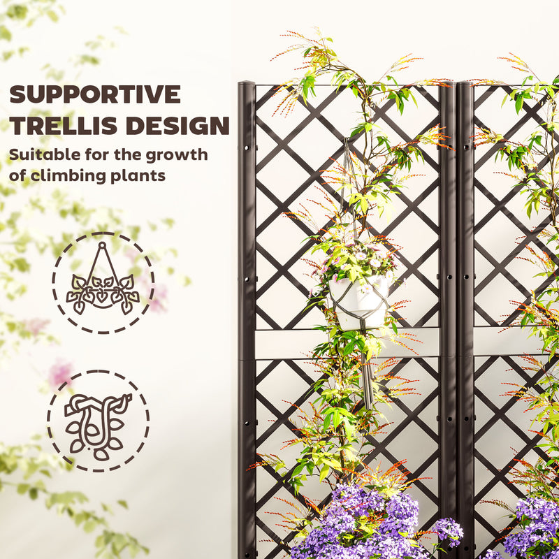 Brown Raised Garden Bed with Trellis Plastic Planter Box with Drainage for Climbing Plants by Outsunny