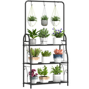 Black 3 Tier Metal Plant Stand with Hanging Rod and Hooks for Indoor and Outdoor Use by Outsunny