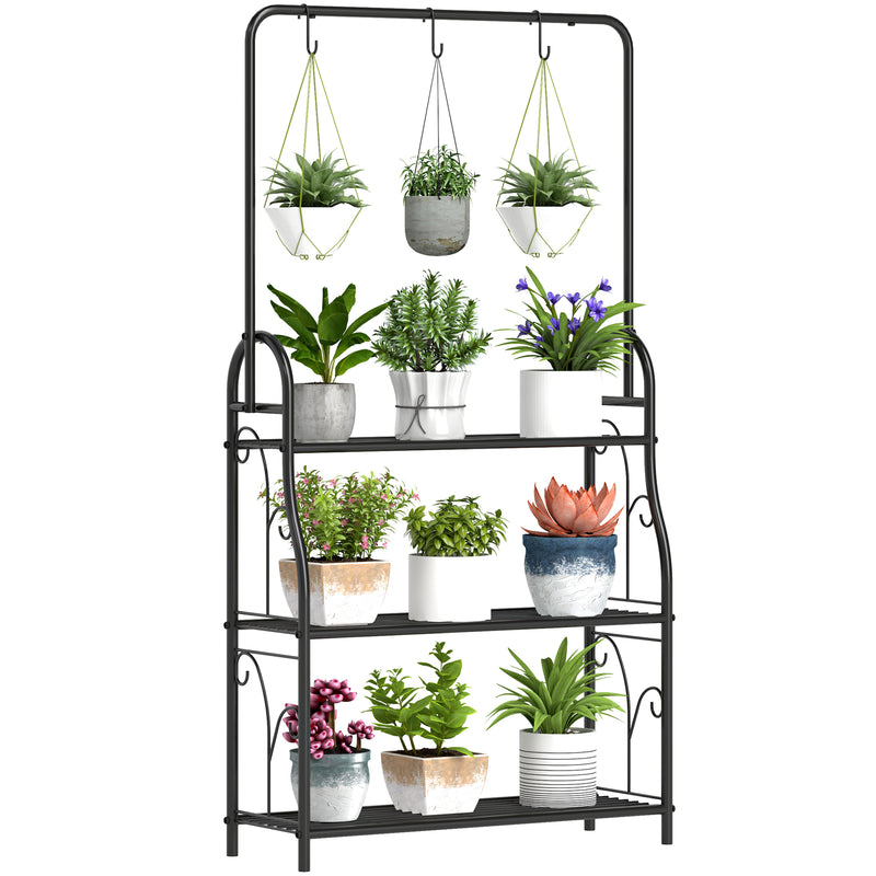 Black 3 Tier Metal Plant Stand with Hanging Rod and Hooks for Indoor and Outdoor Use by Outsunny