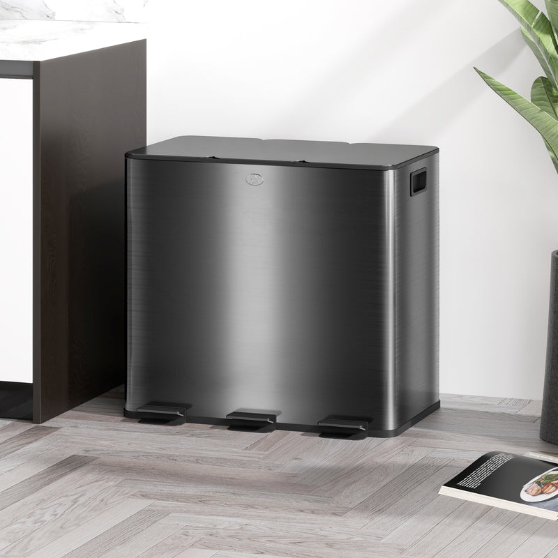 Black 45L Triple Kitchen Pedal Bin with Soft Close Lid and Removable Inner Buckets by HOMCOM