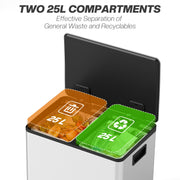 50L Dual Compartment  Recycling Bin For Kitchen With Deodoriser Holders Stainless Steel Silver