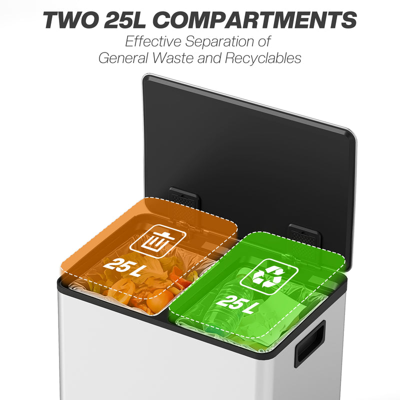 50L Dual Compartment  Recycling Bin For Kitchen With Deodoriser Holders Stainless Steel Silver