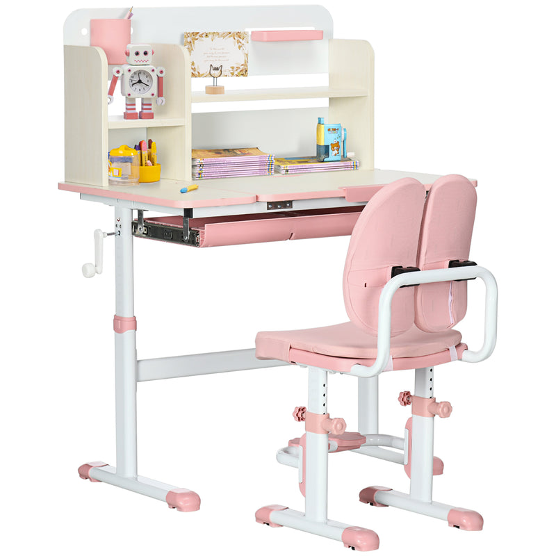 Kids Study Desk and Chair Set with Storage Shelves and Washable Seat Cover, Pink