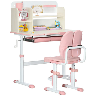 Kids Study Desk and Chair Set with Storage Shelves and Washable Seat Cover, Pink