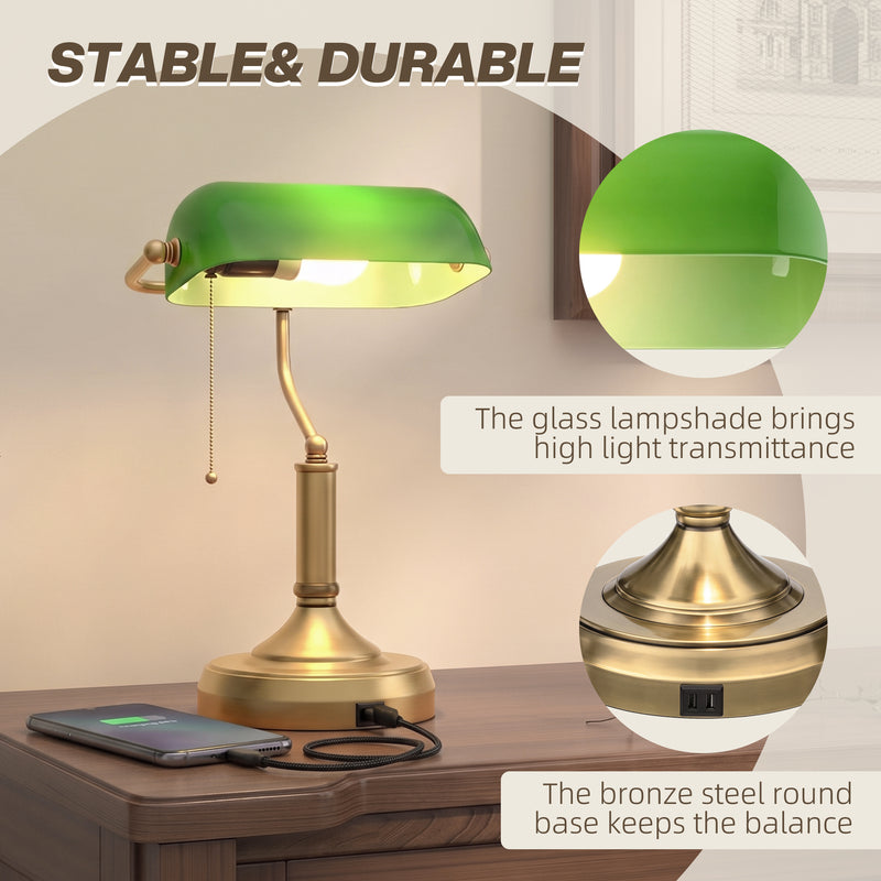 Bedside Table Lamp with Adjustable Shade and Built In USB Charging Ports Green
