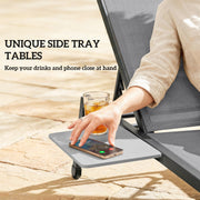 Outsunny Sun Loungers Set of 2 with Side Tray Table, Garden Recliners with 5-Position Adjustable Backrest, 2 Wheels, Grey AOSOM
