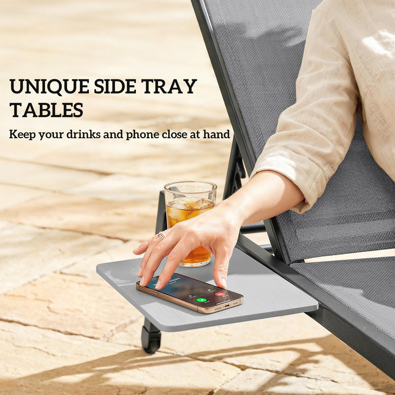 Outsunny Sun Loungers Set of 2 with Side Tray Table, Garden Recliners with 5-Position Adjustable Backrest, 2 Wheels, Grey AOSOM