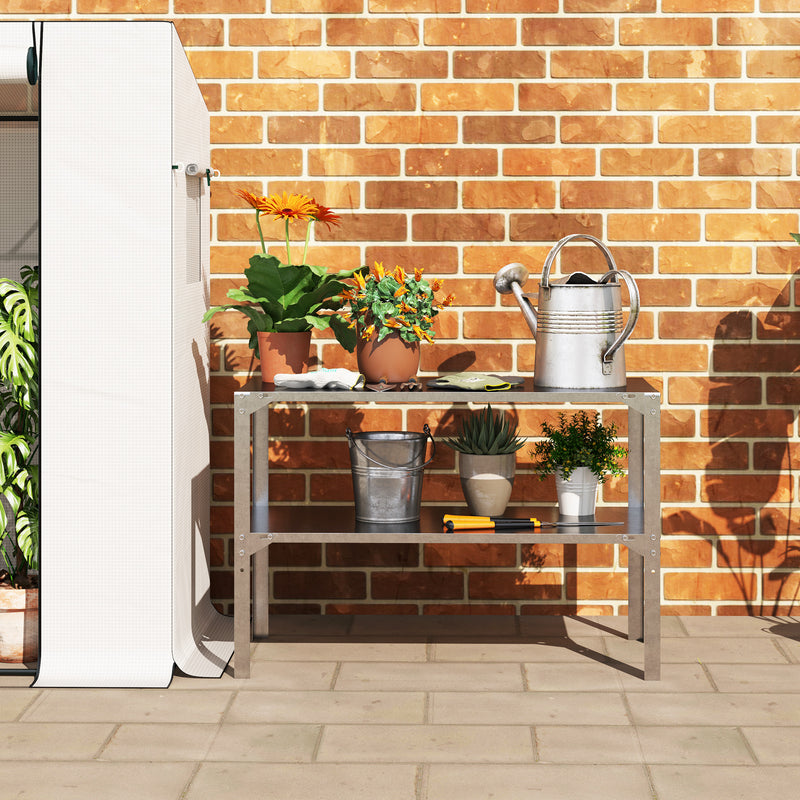 2 Tier Galvanised Steel Potting Bench Table With Storage Shelf for Garden and Greenhouse by Outsunny