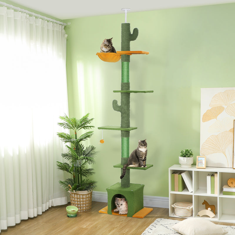 Floor to Ceiling Adjustable Cat Tree with Scratching Posts and Hammock by PawHut