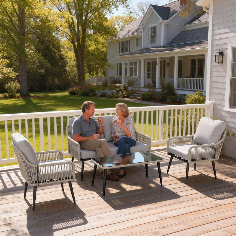 Rattan Garden Conversation Set with Cushions and Coffee Table for Relaxing Outdoors Light Grey