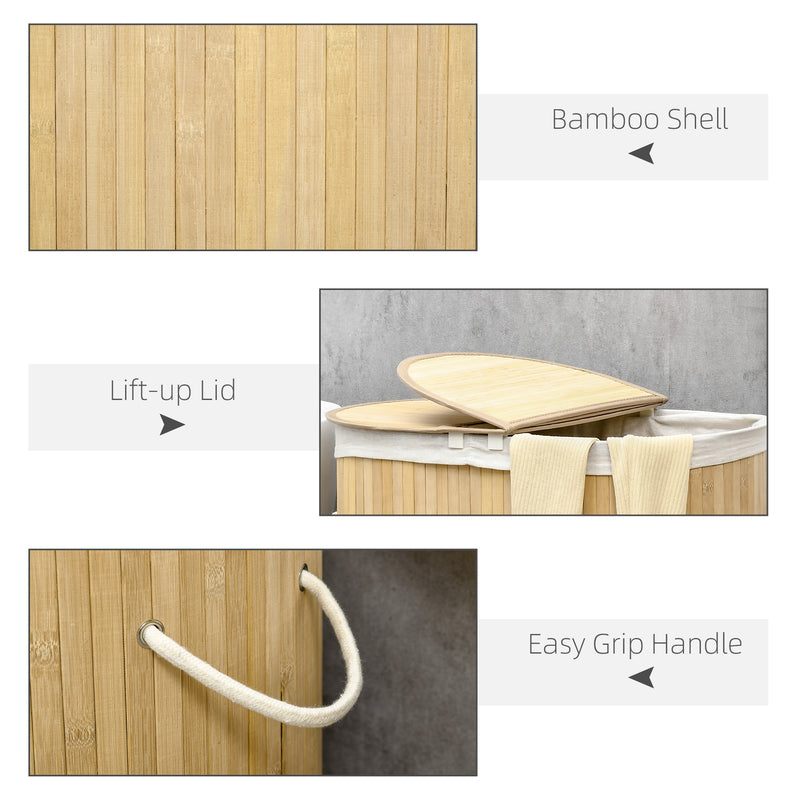 100 Litre Bamboo Laundry Basket with Lid and 2 Sections Removable Lining, Natural