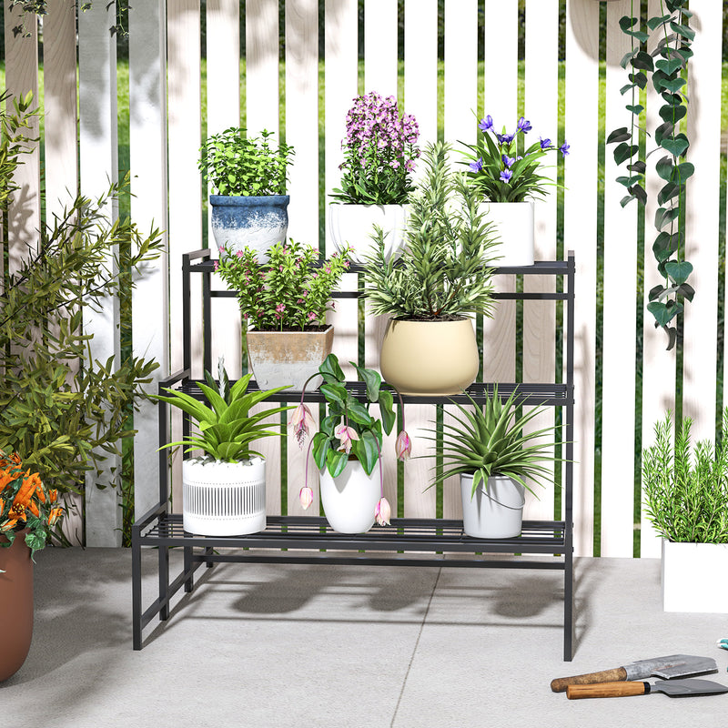 3 Tier Black Metal Plant Stand Ladder Shelf for Garden Patio or Balcony by Outsunny AOSOM